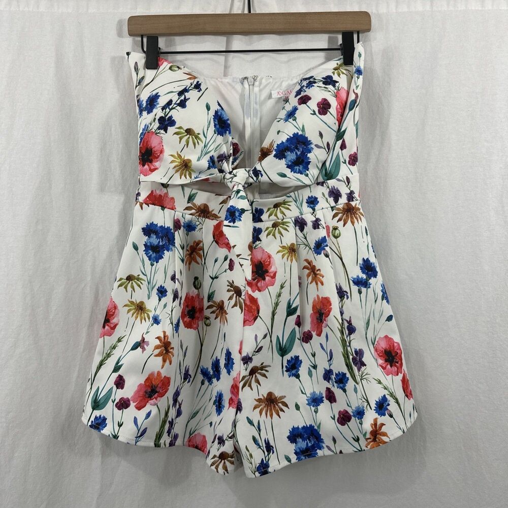 Agaci White Multicolor Floral Strapless Tie Front Romper Womens Sz M Garden